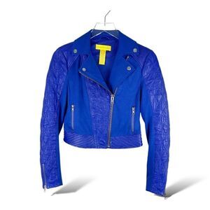 Catherine Malandrino Yellow Label Blue Lambskin & Rayon Cropped Moto Jacket Sz 2